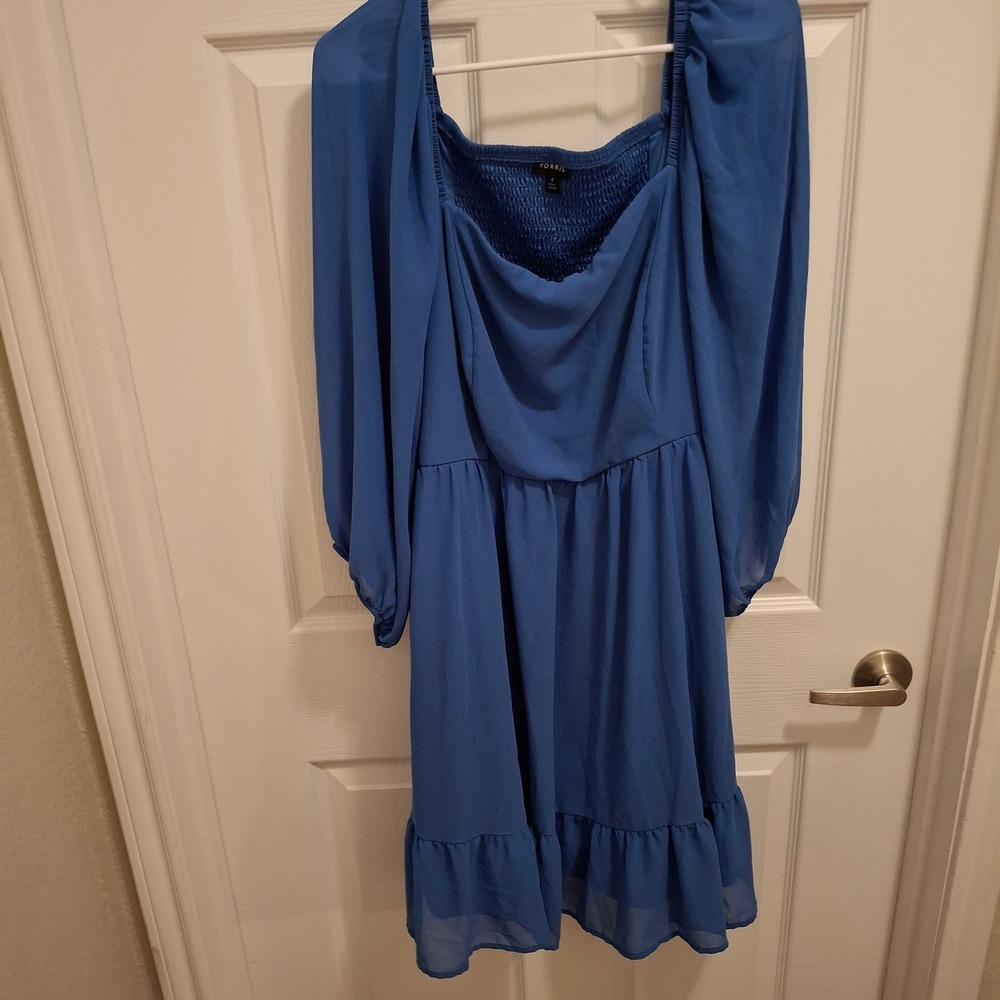 Torrid Blue Smocked Square Neck Bishop Sleeve Ruffle Mini Dress Sheer Sz 4 4x‎